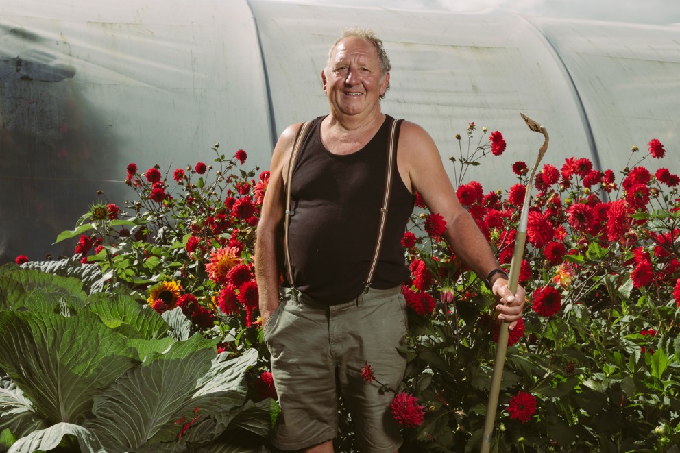 Un homme se tient avec une houe devant une serre, entouré de fleurs et de légumes.