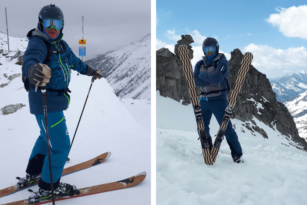 Zweiteiliges Bild zeigt eine Person beim Skifahren in einer Berglandschaft.