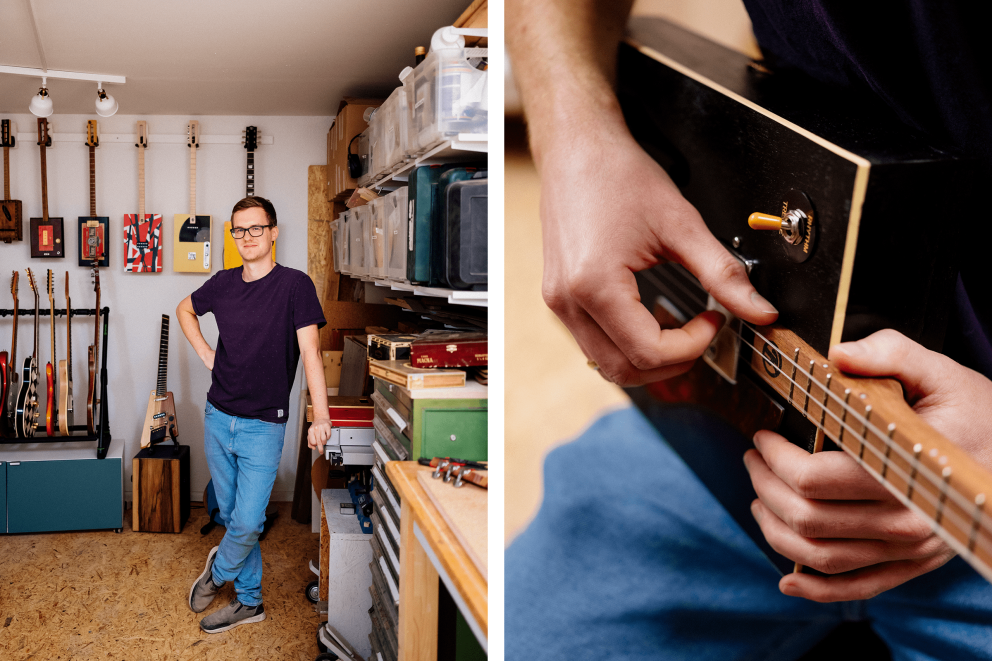 Homme dans un atelier avec des guitares artisanales et une personne jouant de la guitare cigar box
