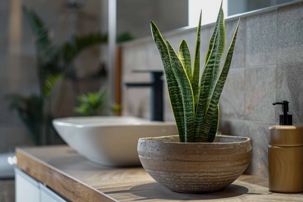 Dekoratives Badezimmer mit Sansevieria Pflanze in Keramiktopf