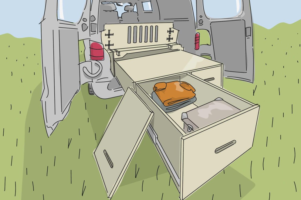 Aménager un lit arrière & un système de tiroirs Campingbox pour VW