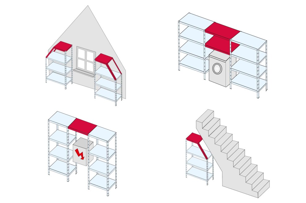 Illustrations montrant différentes configurations d'étagères pour les toits en pente, les machines à laver et les escaliers.