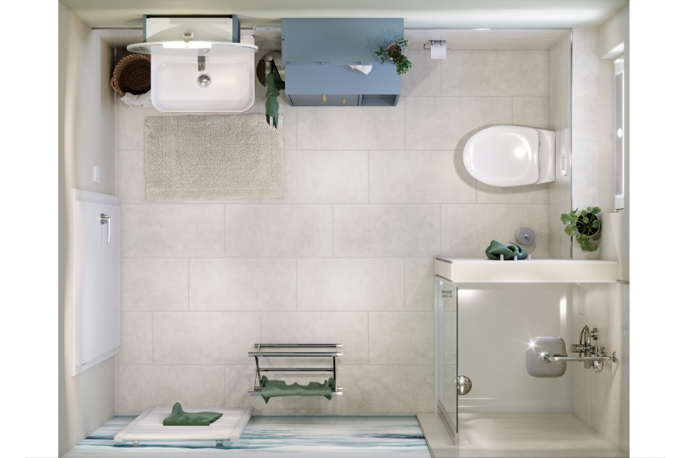 Salle de bains avec lavabo, toilettes, douche et radiateur sèche-serviettes dans une atmosphère claire et conviviale.