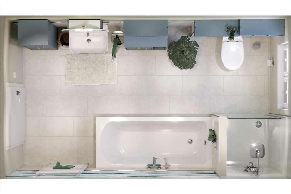 Vue de dessus d'une salle de bains avec baignoire, toilettes, lavabo et meubles de salle de bains.