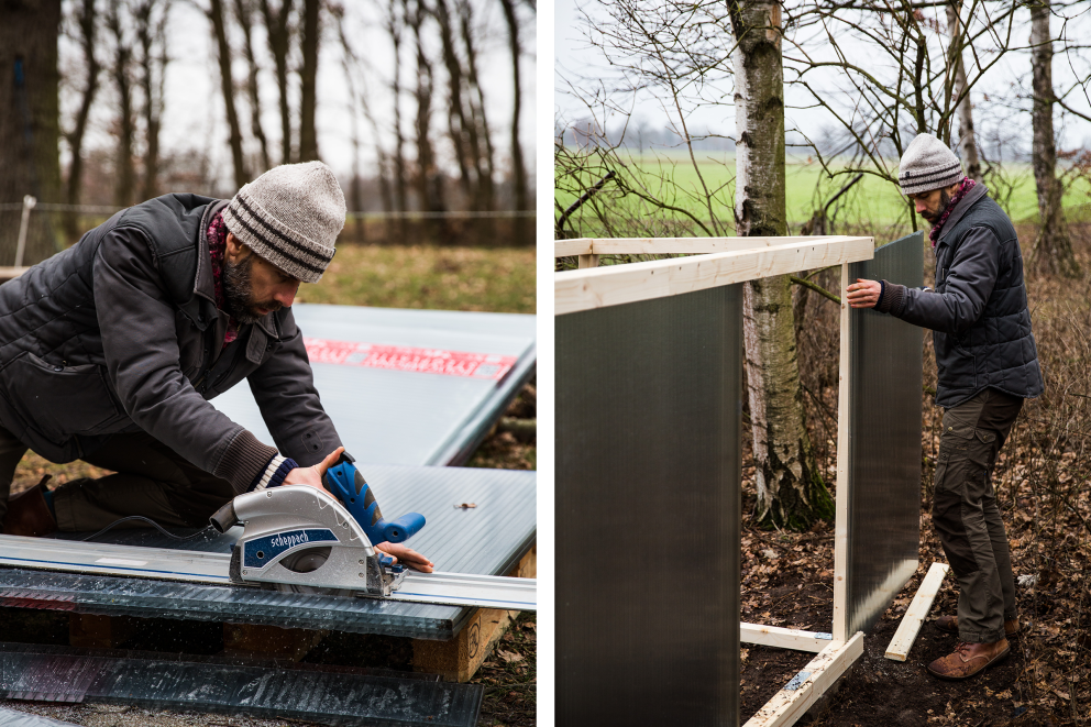 Sascha Borrée bringt die Polycarbonat Stegplatten per Kappsäge auf das passende Mass. Sie ergeben später die Wände für sein selbst gebautes Gewächshaus. Sascha Borrée bringt die Polycarbonat Stegplatten per Kappsäge auf das passende Mass. Sie ergeben später die Wände für sein selbst gebautes Gewächshaus.
