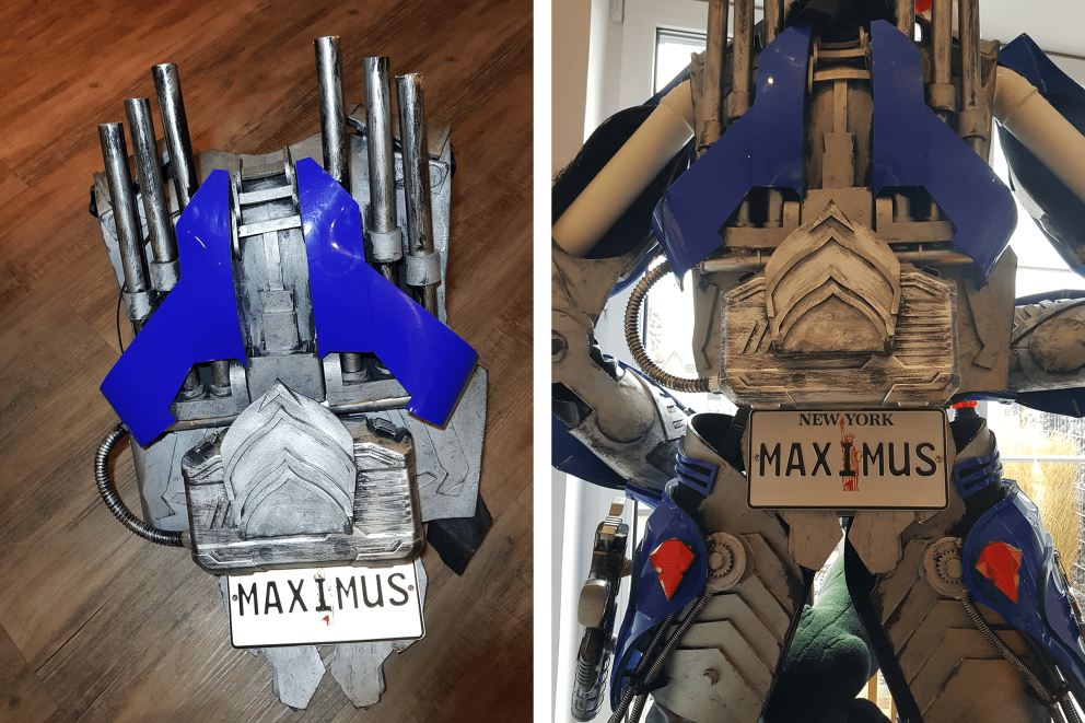 
				Rückenpartie des «Maximus» Kostüms aus Auspuffrohren und Werkzeugkoffer.

			