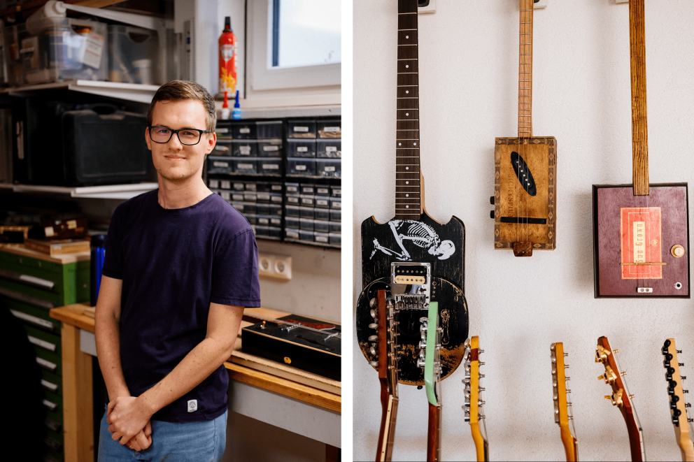 Homme debout dans un atelier avec des guitares faites maison