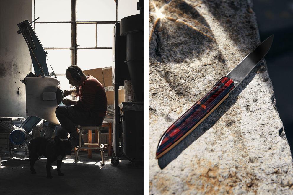 Tartan: Roland schleift an der Touret ein Tafelmesser mit Schottenrock Griff. Tartan: Roland schleift an der Touret ein Tafelmesser mit Schottenrock Griff.