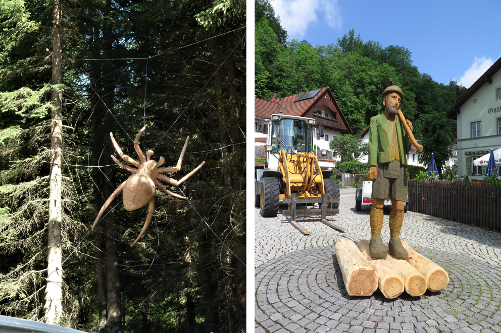 une araignée en bois qui pend d'un filet de câbles métalliques dans la forêt de montagne, et un flotteur plus grand que nature. Deux sculptures que Sebastian Buchwieser a taillées lui même. une araignée en bois qui pend d'un filet de câbles métalliques dans la forêt de montagne, et un flotteur plus grand que nature. Deux sculptures que Sebastian Buchwieser a taillées lui même.