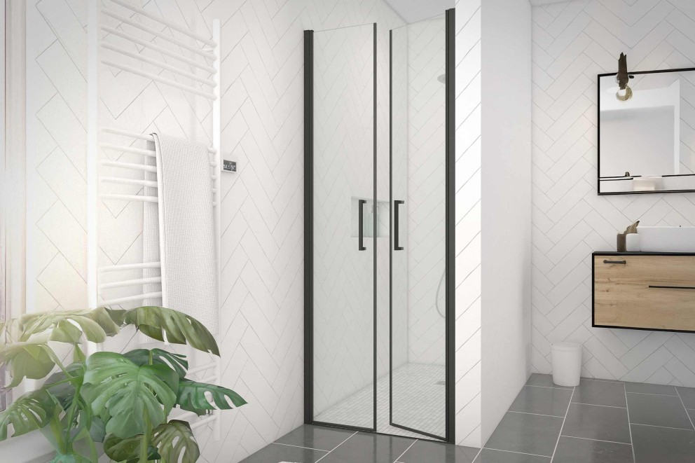 Badezimmer mit Dusche, Waschbeckenunterschrank und Heizkörper
