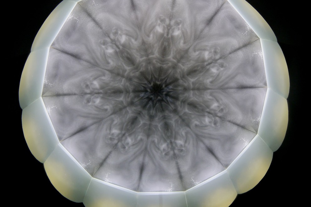 
				Das neue Strömungs Kaleidoskop von Lothar Lempp: durch den Stossimpuls via Spritze formieren sich die Silberpigmente in der Flüssigkeit

			