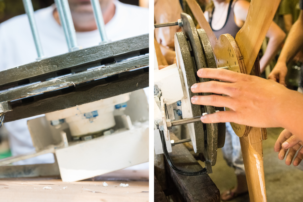 Avec d'autres participants de l'atelier, notre auteur Sascha Borrée visse le rotor et le générateur ensemble, et les serre dans un étau. Avec d'autres participants de l'atelier, notre auteur Sascha Borrée visse le rotor et le générateur ensemble, et les serre dans un étau.