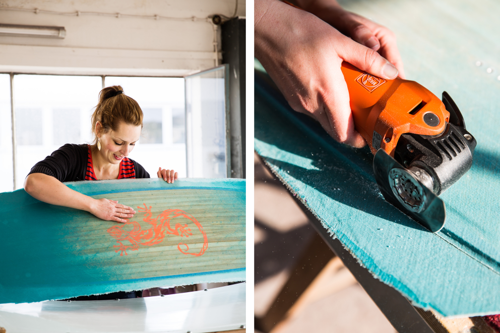 Notre auteure Esther Acason contemple la planche de kitesurf qu'elle a fabriquée elle même; Esther Acason découpe ce qui dépasse des côtés de la planche à l'aide d'un outil multifonctions. Notre auteure Esther Acason contemple la planche de kitesurf qu'elle a fabriquée elle même; Esther Acason découpe ce qui dépasse des côtés de la planche à l'aide d'un outil multifonctions.
