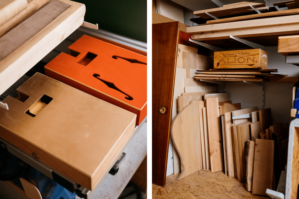 Atelier de menuiserie avec des découpes de bois, des étagères et une caisse de vin