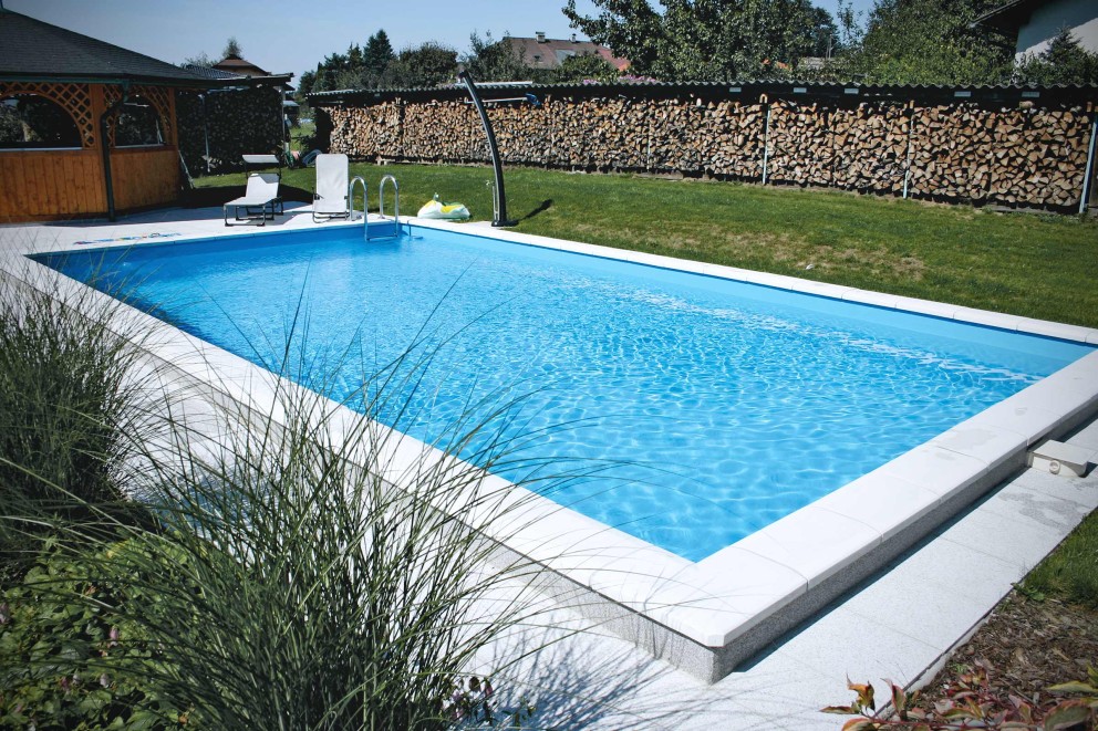 Rechteckiger Pool im Garten mit Leiter, Holzstapel und Gartenlaube