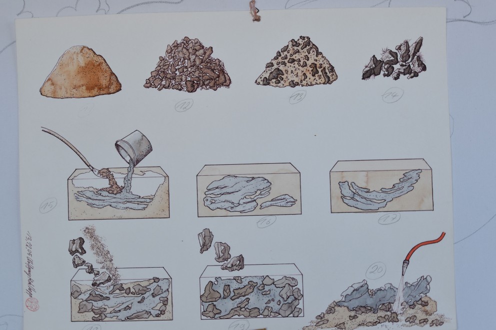 
				Petite étude de matériau (en haut de gauche à droite): Wolfgang a ajouté au ciment, du sable, des blocs de glaise, de la terre et du sable ou des mottes de terre, selon son inspiration.

			