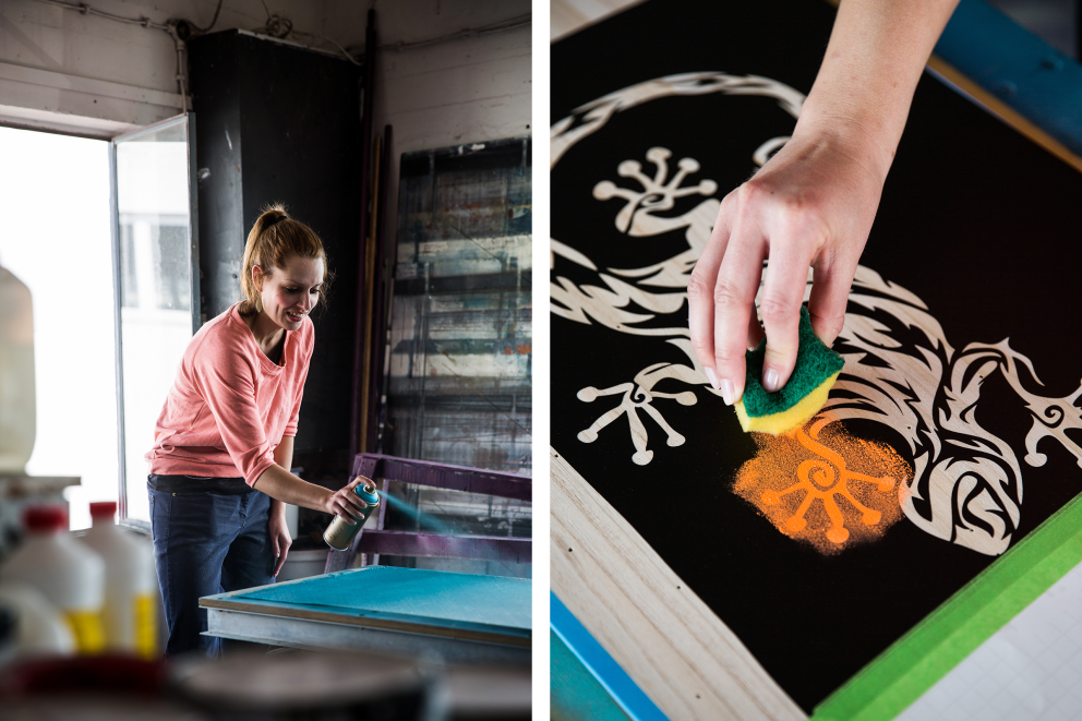 Esther Acason spraie les fibres de verre de la planche de surf qu'elle fabrique elle même avec de la laque colorée. Esther Acason spraie les fibres de verre de la planche de surf qu'elle fabrique elle même avec de la laque colorée.