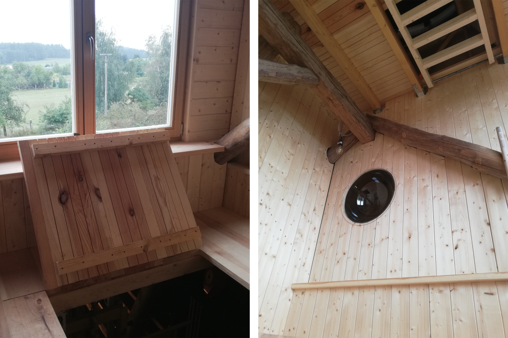 On rentre dans l'observatoire de Kay Michael à travers une petite trappe. Une échelle repliable mène à la pièce où se trouve la coupole.