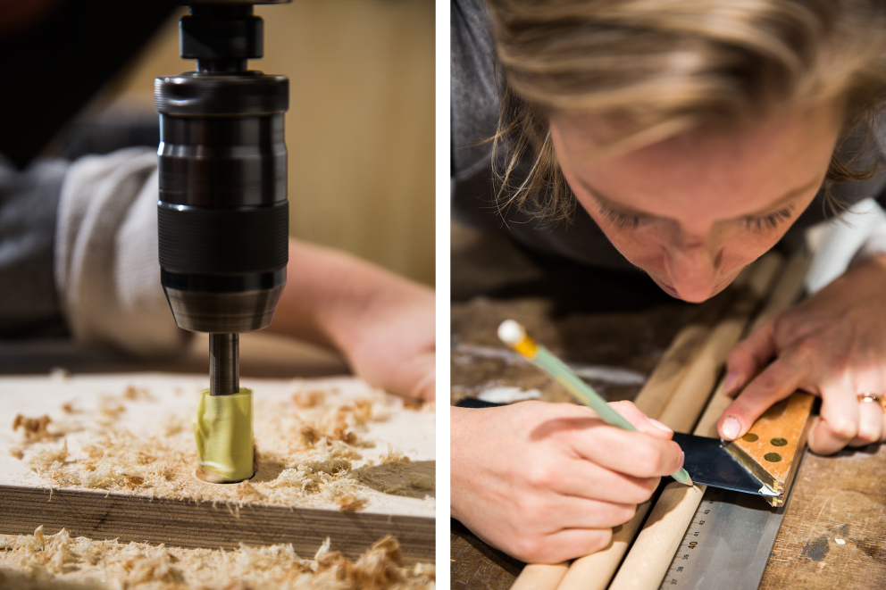 Catherine König fabrique son premier meuble – une table – dans l'atelier de coworking bauer+planer. Elle perce des trous destinés aux pieds sous les plateaux.; Notre auteure Catharina König marque les pieds qui doivent être sciés pour pouvoir ensuite les assembler et fabriquer ainsi sa première table.Notre auteure Catharina König marque les pieds qui doivent être sciés pour pouvoir ensuite les assembler et fabriquer ainsi sa première table. Catherine König fabrique son premier meuble – une table – dans l'atelier de coworking bauer+planer. Elle perce des trous destinés aux pieds sous les plateaux.; Notre auteure Catharina König marque les pieds qui doivent être sciés pour pouvoir ensuite les assembler et fabriquer ainsi sa première table.Notre auteure Catharina König marque les pieds qui doivent être sciés pour pouvoir ensuite les assembler et fabriquer ainsi sa première table.