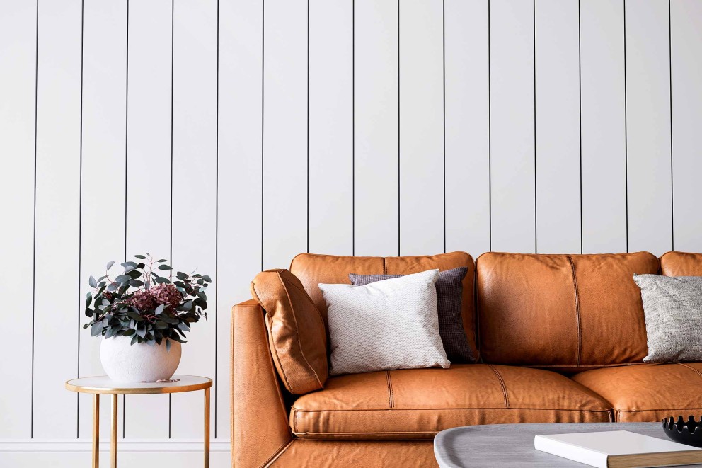 Lambris mural design et panneaux déco en lamelles de bois  Living room  shelves, Wall color combination, Interior design