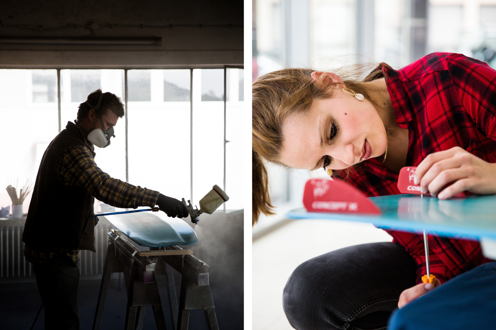 Jannek Grocholl, qui anime des ateliers de fabrication de planches de kitesurf à Board Lab, à Kiel, vaporise la planche avec de la laque spéciale.; Notre auteure Esther Acason visse les ailerons de la planche de kitesurf qu'elle a construite elle même. Jannek Grocholl, qui anime des ateliers de fabrication de planches de kitesurf à Board Lab, à Kiel, vaporise la planche avec de la laque spéciale.; Notre auteure Esther Acason visse les ailerons de la planche de kitesurf qu'elle a construite elle même.