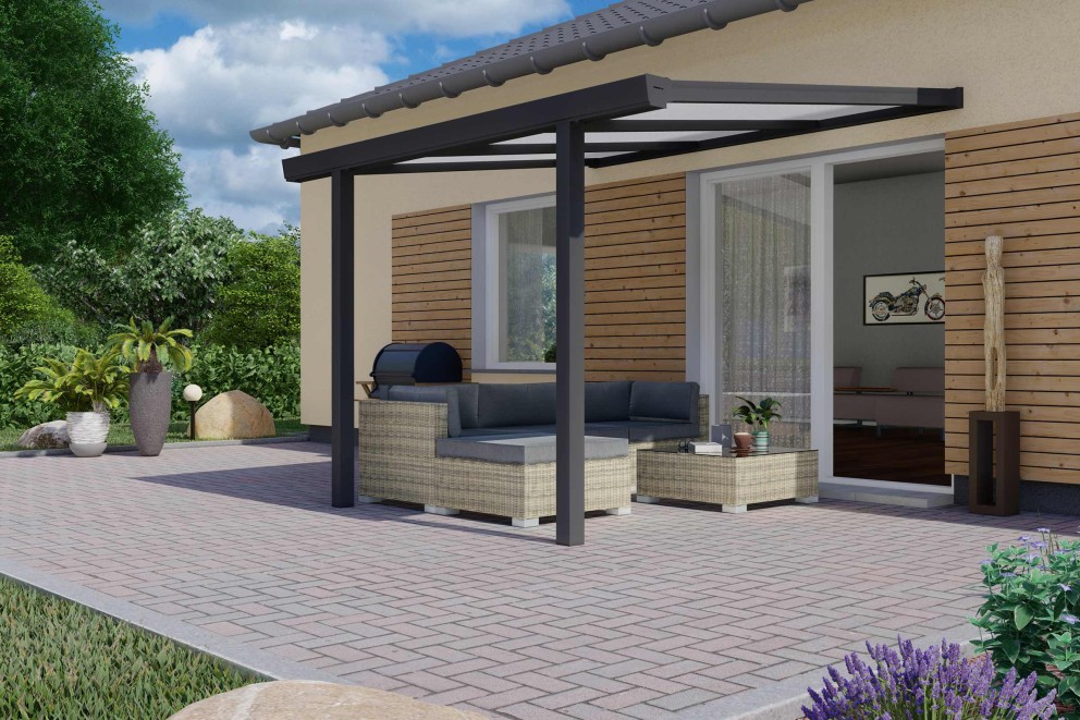 Terrasse avec toit de terrasse, coin salon et barbecue