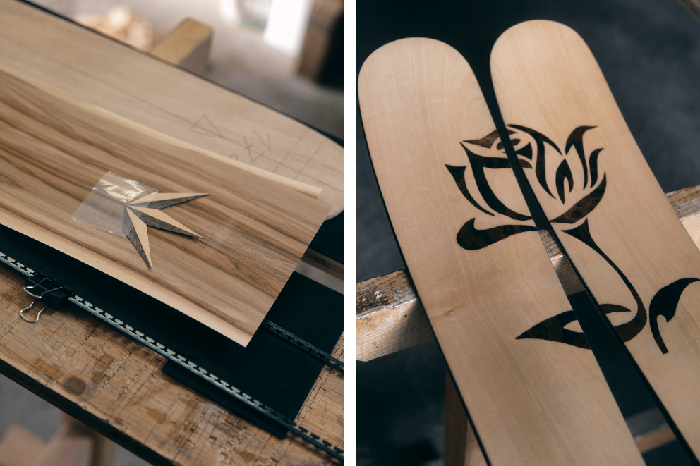 Holzskier mit Stern- und Rosenmotiv auf einer Werkbank