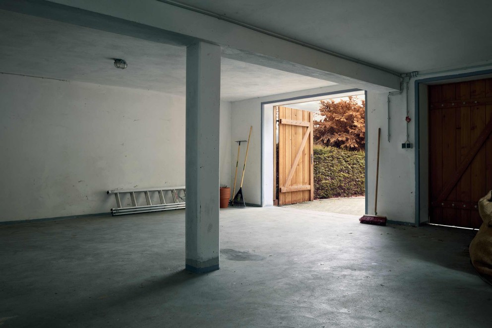 Cave avec échelle, râteau, balai et porte de jardin en bois