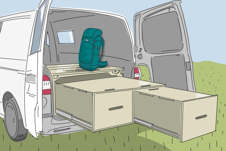 Aménager un lit arrière & des tiroirs Campingbox pour VW Aménager un lit arrière & des tiroirs Campingbox pour VW