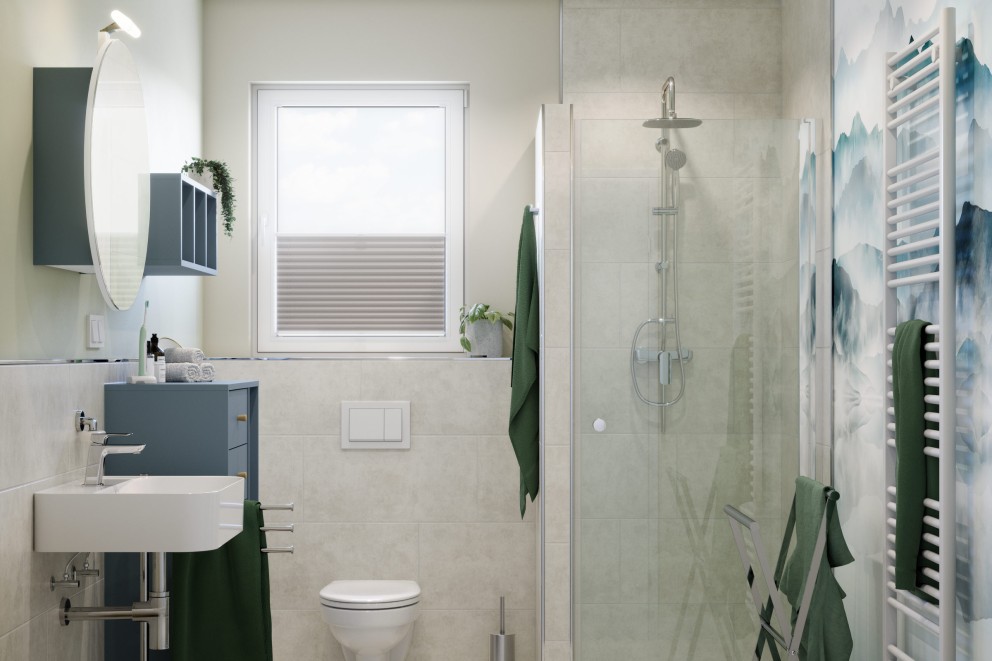 Salle de bain lumineuse avec lavabo, miroir, toilettes et douche