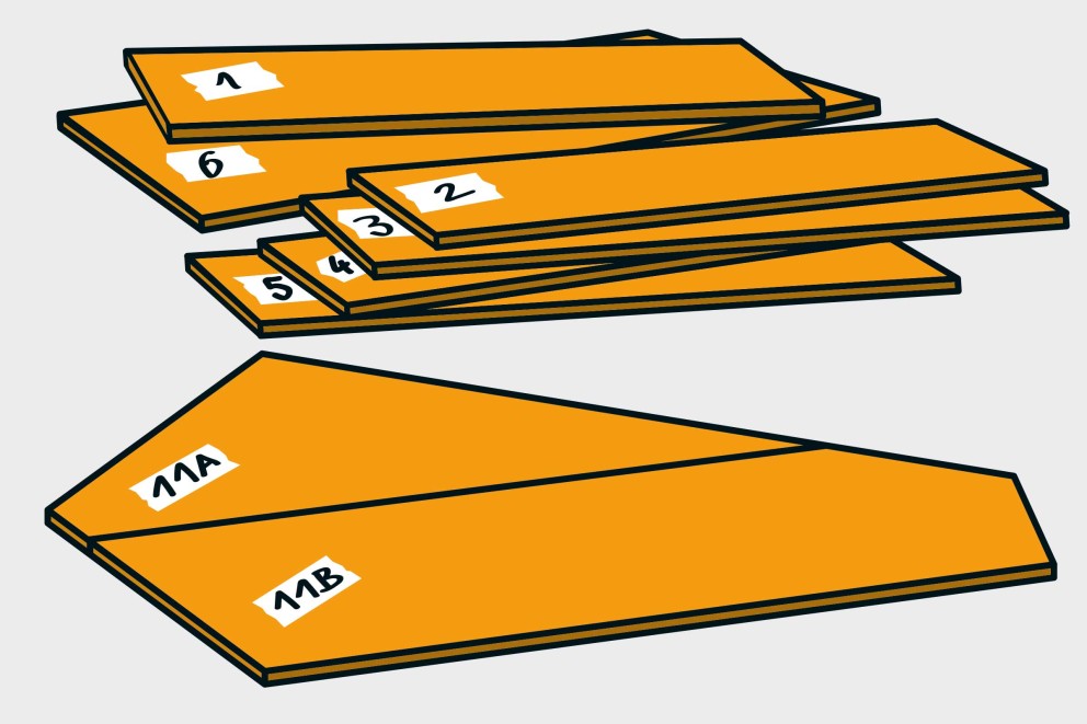  Arbeitsschritt 9 Skizze: Nummerierte Dielenzuschnitte auf einem Stapel 