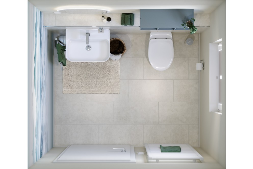 Vue de dessus d'une salle de bains avec lavabo, WC, douche et meubles de salle de bains