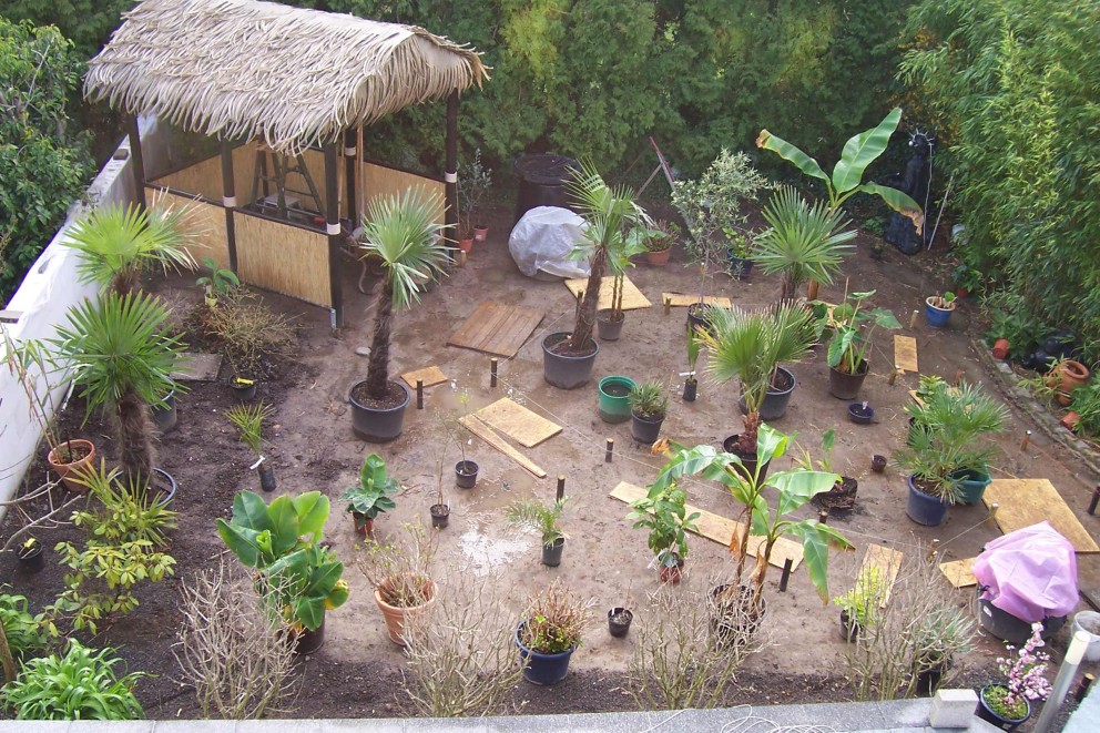 
				Vue du nouveau jardin depuis la maison: Le tiki bar est déjà construit, les plantes suivront.

			