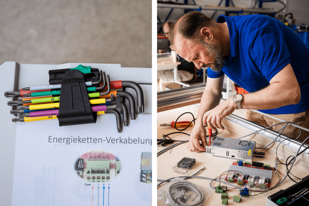 Mit Plan: Volker schraubt Kabel am Netzteil fest. Daneben ist die Platine mit den Anschlüssen für die Achsen. Mit Plan: Volker schraubt Kabel am Netzteil fest. Daneben ist die Platine mit den Anschlüssen für die Achsen.