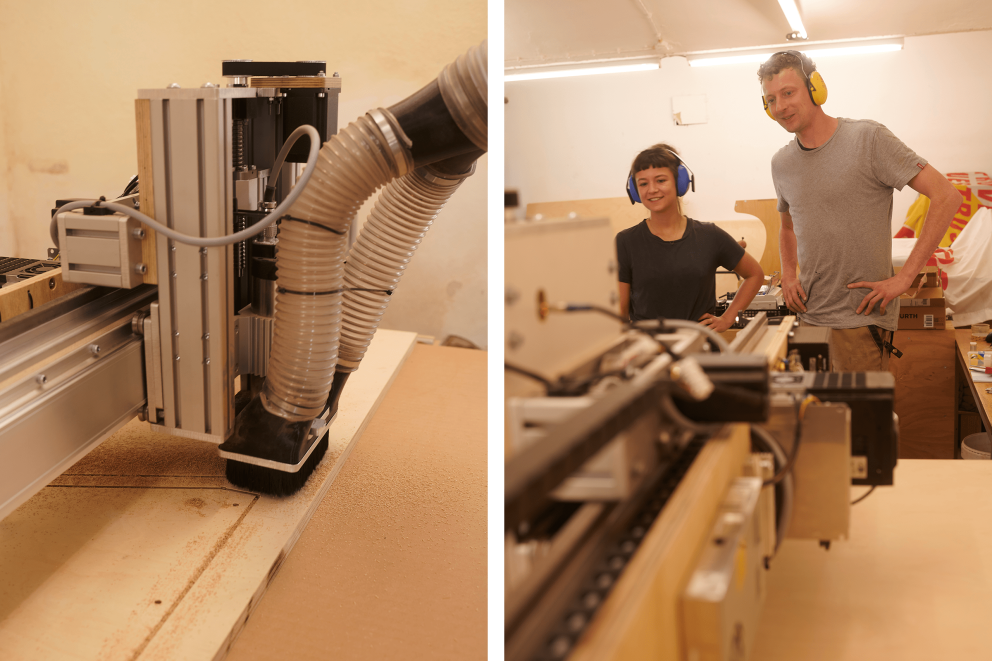 Lili gibt die Daten ins Programm ein, positioniert das Holz, die CNC Fräse übernimmt die Feinarbeit. Lili gibt die Daten ins Programm ein, positioniert das Holz, die CNC Fräse übernimmt die Feinarbeit.