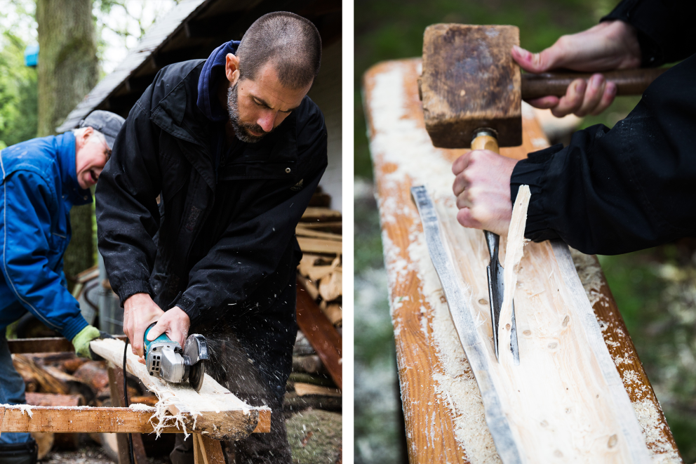 Notre auteur Sascha Borrée creuse les moitiés d'un tronc de sapin de l'intérieur vers l'extérieur avec une meuleuse d'angle, sous la supervision de Wolfgang Lüttig, animateur d'ateliers et fabricant de didgeridoos; Notre auteur Sascha Borée continue à creuser les moitiés de tronc avec un ciseau à bois et un maillet pour en faire un didgeridoo Notre auteur Sascha Borrée creuse les moitiés d'un tronc de sapin de l'intérieur vers l'extérieur avec une meuleuse d'angle, sous la supervision de Wolfgang Lüttig, animateur d'ateliers et fabricant de didgeridoos; Notre auteur Sascha Borée continue à creuser les moitiés de tronc avec un ciseau à bois et un maillet pour en faire un didgeridoo