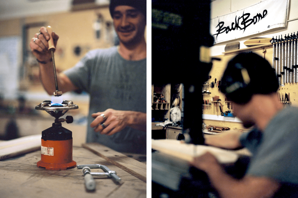 Werkstatt-Szene mit Handwerker, Kocher, Werkzeugen und Backbone Logo