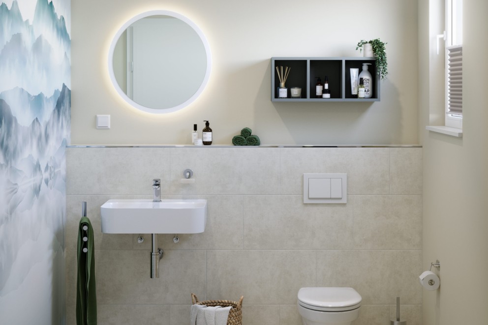 Salle de bain lumineuse avec lavabo, miroir et toilettes