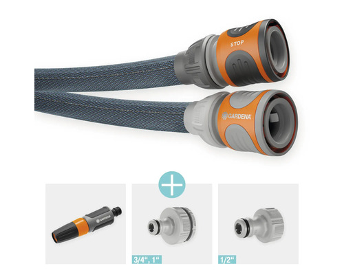 Ensemble de tuyaux Gardena avec tuyau d''arrosage, raccord de tuyau, butée d''eau et raccords de robinet de tailles trois quarts de pouce, un pouce et un demi-pouce