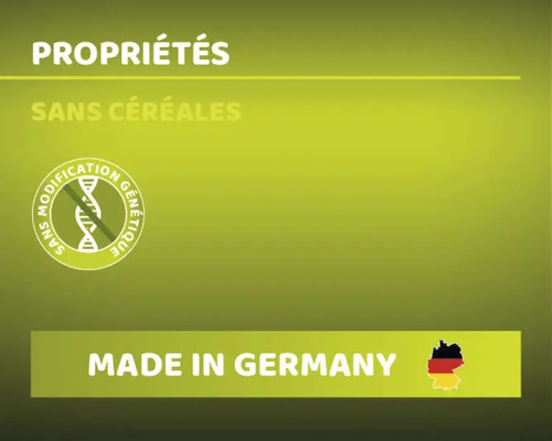 Propriétés, sans céréales, sans modification génétique, fabriqué en Allemagne