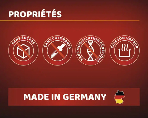 Propriétés: Sans sucres, sans colorants, sans modification génétique, cuisson vapeur, fabriqué en Allemagne