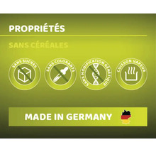 Propriétés: Sans céréales, sans sucres ajoutés, sans colorants, sans modification génétique, cuisson à la vapeur, fabriqué en Allemagne