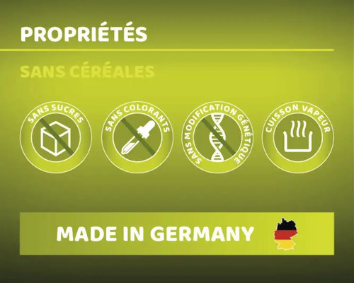 Propriétés: Sans céréales, sans sucres ajoutés, sans colorants, sans modification génétique, cuisson à la vapeur, fabriqué en Allemagne