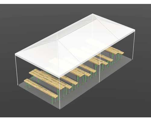 Tente de réception avec plusieurs ensembles de tables de bière