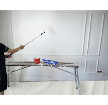 Maler streicht mit Farbroller und Teleskopstiel eine weisse Wand von einem Gerüst aus.