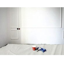 Wandrenovation mit Farbeimer, Farbroller und Abdeckplane