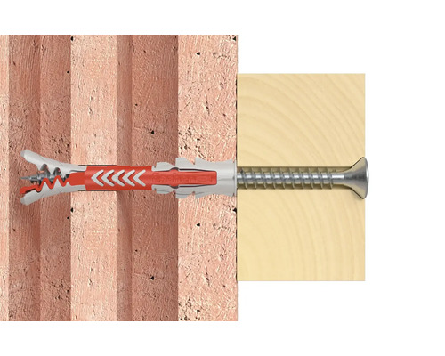 Fischer Dübel mit Schraube in Mauer und Holz