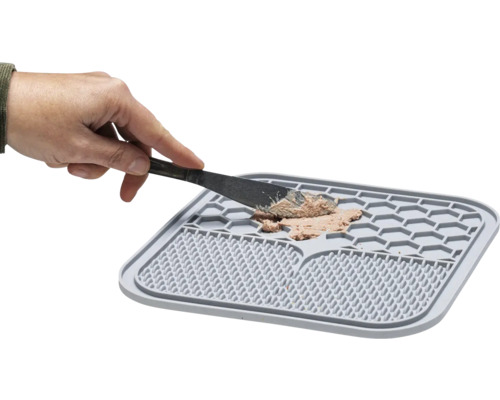 Tapis d''alimentation gris avec nourriture et main avec couteau