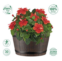 Hibiskus in einem Topf mit Holzoptik und den Hinweisen 100 Prozent PCR, Temperaturspanne von -30 bis +60 Grad, 30 Jahre Erfahrung, 100 Prozent recycelbar und Null-Emissions-Mission.
