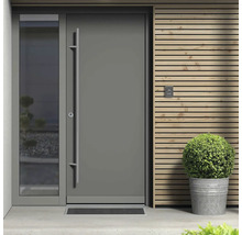 Porte d''entrée avec partie latérale, barre de préhension et sonnette à côté d''une façade en bois